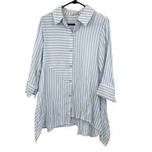 Soft Surroundings Size Small Button Up Blue Striped‎ Shirt Square Buttons Blouse